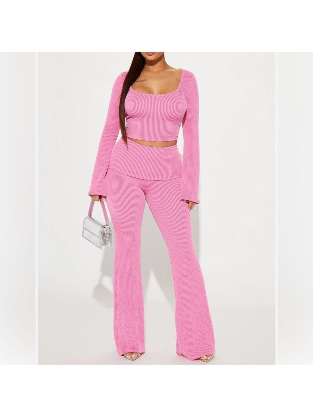 Fashion Nova Pink Ribbed Knit Two-Piece Set fold over flare pants cropped top S